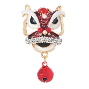 Imagem de Jingle Bell Broche de Dança de Leão para Mulheres Meninas Dourado Vermelho Branco Esmaltado Cristal Estilo Chinês Leão Dança Broches Alfinetes de Lapela Festivo Natal Feriado Ano Novo Acessórios de
