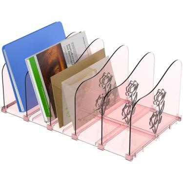 Imagem de Organizador de arquivos transparente para mesa, classificador de pastas de arquivos de mesa vertical de 5 seções com padrão rosa, suporte de revista de correio ajustável para casa, escritório, escola