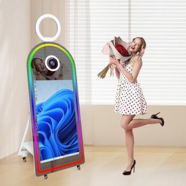 Imagem de Cabines fotográficas com espelho mágico de 165 cm, cabine fotográfica com tela sensível ao toque de 109 cm com estojo de voo para festas de casamento e aluguel de eventos (branco, cabine fotográfica)