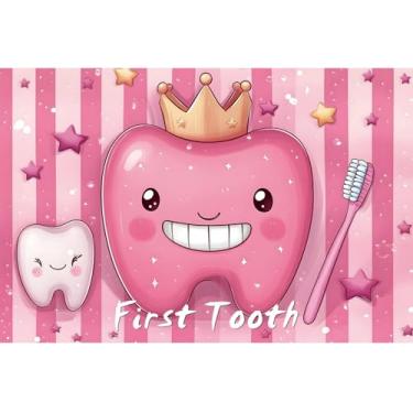 Imagem de YongFoto My First Tooth Backdrop 1,5 x 0,9 m, desenho fofo, coroa de dentes, escova de dentes, fundo fotográfico 1º aniversário, faixa de festa de bebê, decoração de mesa de bolo, batizado, sessão de