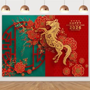 Imagem de Cenário de Ano Novo Lunar Chinês 2026 3 x 2,4 m Ano do Cavalo Fundo Fotográfico para Véspera de Ano Novo Família, Quintal de Festa ao Ar Livre Suprimentos