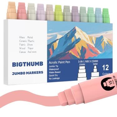Imagem de BIGTHUMB Conjunto de marcadores de pôster jumbo: 12 cores pastel, grande, ponta permanente, 15 mm de largura, canetas de tinta acrílica grossa para pintura rupestre, pedra, vidro, madeira, cerâmica