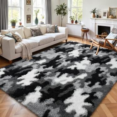 Imagem de AROGAN Tapetes macios e felpudos para quarto de meninas, sala de jogos, 20 x 25 m, tapete fofo fofo colorido de princesa para crianças, adolescentes, berçário, quarto, camuflagem, preto e branco