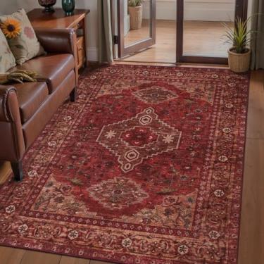 Imagem de Tangsoo Tapete lavável, tapete de área de 10 x 15 cm, tapete oriental interno para sala de estar, antiderrapante, lavável na máquina, tapetes grandes, estampa macia, envelhecido, vermelho escuro, para
