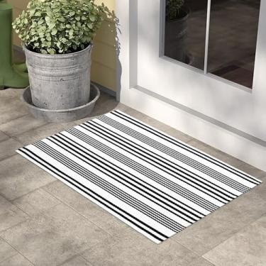 Imagem de Tapete externo listrado preto e branco, 60 x 90 cm, algodão moderno, feito à mão, reversível, tapete de porta, tapete de porta para casa, lavabo, banheiro