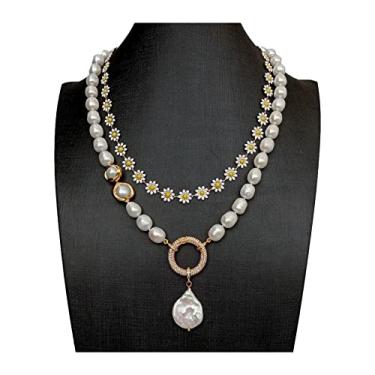 Imagem de Acessórios de moda 2 fios branco barroco pérola esmalte flor colar moeda pingente pérola