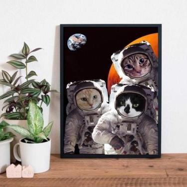 Imagem de Quadro Decorativo Gatos Astronautas 33X24Cm - Madeira Preta - Quadros 