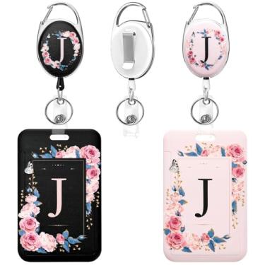 Imagem de Soleebee Pacote com 2 porta-crachás de identificação A-Z com carretel retrátil, lindos emblemas de identificação preto e rosa, chaveiro durável, carretel de crachá resistente para enfermeira