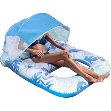 Imagem de Boia inflável para piscina adulto com dossel – proteção solar e proteção facial FPS 50+, espreguiçadeira flutuante resistente de 150 kg, PVC ecológico para piscina/praia/resort, design de 2 câmaras de
