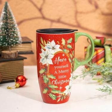 Imagem de DUSVALLY Caneca de cerâmica caneca de café de Natal canecas altas xícara de chá latte de porcelana com tampa e alça 500 ml, vermelha