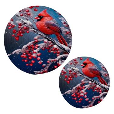 Imagem de Blueangle 2 peças de suporte de panela de Natal e inverno cardinal - conjunto de pegadores de panela de tecido redondo - almofadas quentes trançadas de algodão - porta-copos - tapetes de mesa para
