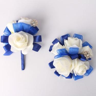 Imagem de JHCYULUO Conjunto de corpete de formatura e flor na lapela rosa marfim para festa de casamento, noivo e flor artificial (azul e marfim)