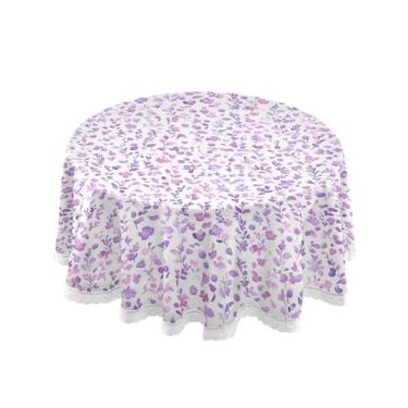 Imagem de SEHANY Elegante toalha de mesa redonda com flores roxas, 152 cm, tecido lavável sem rugas, toalha de mesa redonda com renda decorativa para restaurante, casamento, acampamento, festa Fiesta Cinco de