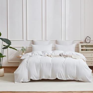 Imagem de YASMENG Jogo de edredom 100% algodão, branco, luxuoso, macio, sedoso, cetim, 400 fios, algodão orgânico, durável, qualidade hoteleira, conjunto de cama (3 peças, sem edredom)