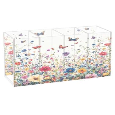 Imagem de SEHANY Porta-canetas de acrílico com flores de borboleta coloridas, 4 compartimentos, porta-lápis transparente, organizador de pincéis de maquiagem, organizador de papelaria para escritório, casa