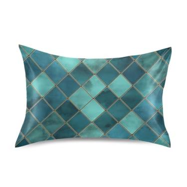 Imagem de Blueangle Fronha de cetim xadrez geométrica em aquarela azul-petróleo para cabelo e pele, tamanho padrão (50,8 x 66 cm) - Capas de almofada de cetim refrescantes com fecho de envelope (175)