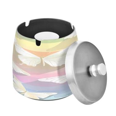 Imagem de Blueangle Cinzeiro de borboletas arco-íris com tampa para cigarros, à prova de vento/chuva, aço inoxidável, sem fumaça, inodoro, cinzeiro para uso interno ou externo (302)