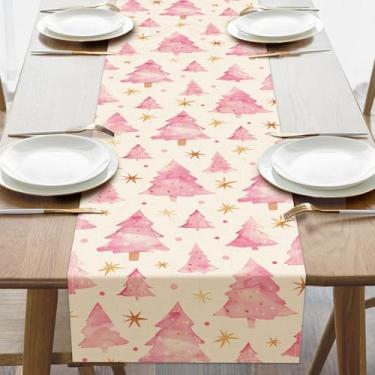 Imagem de Croar Corredor de mesa de jantar de árvore de Natal rosa, pinheiros, floco de neve, estrelas, decoração de cozinha, decoração de inverno, ambientes internos e externos, suprimentos de festa 33 x 182