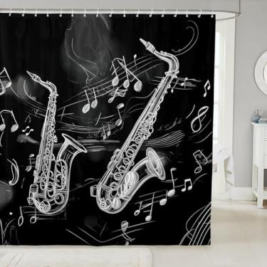 Imagem de Cortina de chuveiro de tecido vintage saxofone 183 cm L x 198 cm C minimalista notas musicais cortina de chuveiro para crianças meninos meninas preto instrumento musical conjunto de cortina de