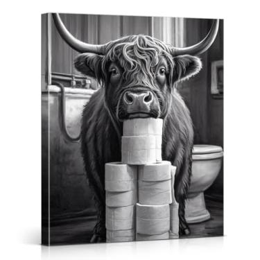 Imagem de Impressão de arte de parede de vaca Highland engraçada em papel higiênico de vaca preto e branco para decoração de parede para banheiro, banheiro, vaso sanitário, tela emoldurada 20 x 25 cm