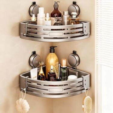 Imagem de GHYFFF Suporte de chuveiro com ventosa, 2 prateleiras de chuveiro com ganchos, organizador de chuveiro de sucção de alumínio sem perfuração, à prova d'água e à prova de ferrugem (canto - 2 unidades)