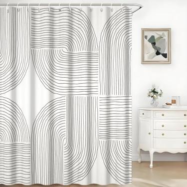 Imagem de TTQYFNM Cortina de chuveiro geométrica abstrata boho minimalista linhas de arco meados do século cortina de chuveiro moderna para banheiro decoração de banheira tecido impermeável lavável conjunto de