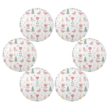 Imagem de Wassud Jogo americano conjunto de 6 tapetes de mesa redondos com estampa de pássaros fofos para cozinha e jantar tapetes laváveis resistentes ao calor decoração de mesa 39 cm