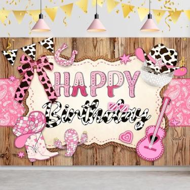Imagem de Omifly Pano de fundo de aniversário de vaqueira 12,5 L x 7,5 cm A para fotografia, arco rosa, estampa de vaca rústica ocidental, tábuas de madeira de cacto para meninas, decoração de festa, banner