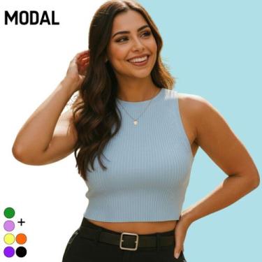 Imagem de Cropped Básico Canelado Tricot Modal Cor:Azul CaribeTamanho:U - Vitrin