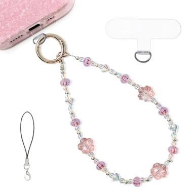 Imagem de LuneClat Pingente de telefone com corrente de flor de cerejeira azul - Pulseira destacável com contas de cristal, alça de pulso antifurto para celular, leitor eletrônico, câmera, chaveiro, pingente de