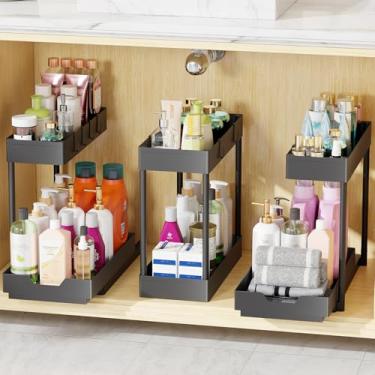 Imagem de Simple Trending Organizador embaixo da pia, pacote com 3, armário de armazenamento deslizante em forma de L, organizador sob a prateleira de 2 camadas para cozinha, banheiro com ganchos, preto