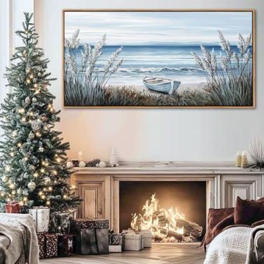 Imagem de AJAZIKO Imagens de decoração de parede vintage de praia para sala de estar, arte costeira para paredes, oceano, quarto, decoração de parede acima da cama, paisagem de praia, arte de parede com barco