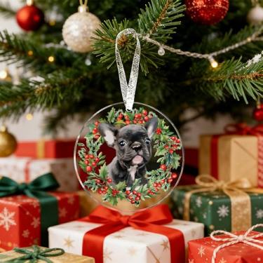 Imagem de 1 enfeite de Natal de acrílico para cachorro cinza – decoração redonda para pendurar para animais de estimação, presente ideal para amantes de cães e gatos (mulheres e homens) para árvore de Natal