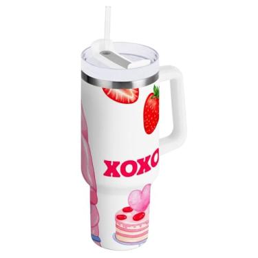 Imagem de ODAWA Caneca grande com isolamento de gnomo dos namorados com alça e tampa de palha, copo de aço inoxidável