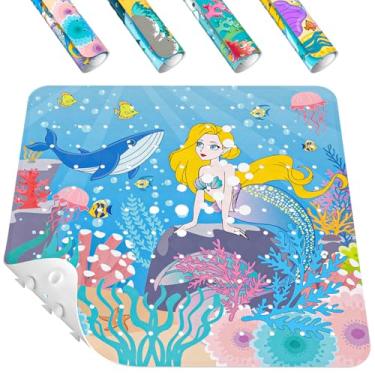 Imagem de HITSLAM Tapete quadrado antiderrapante, secagem rápida, tapete de banheira de 53 x 53 cm para crianças com ventosas e orifícios de drenagem, lavar na máquina, macio nos pés, sereia