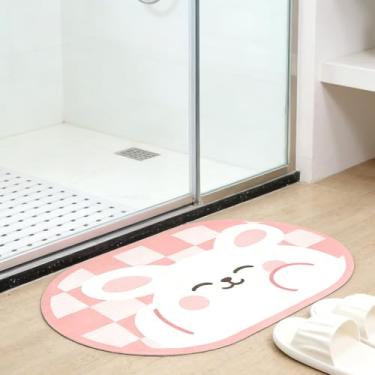 Imagem de Tyrafry Tapete de banheiro fino antiderrapante com suporte de borracha, tapete de banho de microfibra de secagem rápida e absorvente, tapete moderno para banheira, creme, chuveiro, pia, coelho rosa