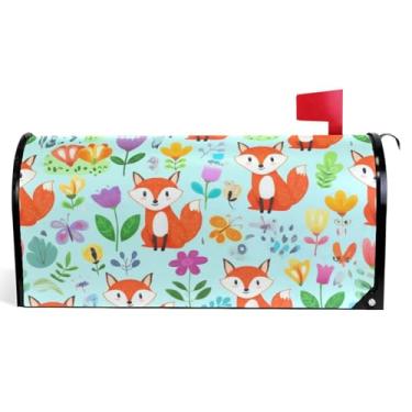 Imagem de Capas magnéticas para caixa de correio decorativa outono caixa de correio vinil férias à prova de intempéries decoração bonito desenho animado raposas azul tamanho padrão 52,6 x 45,8 cm