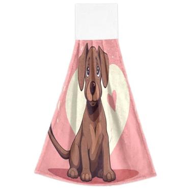 Imagem de Toalhas de mão de mola de coração de cachorro marrom com laços para pendurar toalhas de dedo macias absorventes de forno conjunto de 2, toalhas de cozinha decorativas 18,2 x 14 polegadas