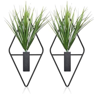 Imagem de FapZox Vaso de metal para decoração de parede com plantas artificiais, suporte geométrico, moderno, para sala de estar, quarto, cozinha, escritório, banheiro (preto, 2 peças)