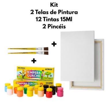 Imagem de Kit De Pintura Completo Com 2 Telas Algodão 2 Pincéis 12 Tintas Guache