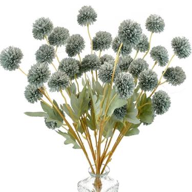 Imagem de Mandy's 6 hastes de seda azul empoeirado Kiku Ball Flowers – Hastes artificiais de crisântemo para decoração de casa, casamento e mesa central, arranjo floral falso realista, estilo minimalista e