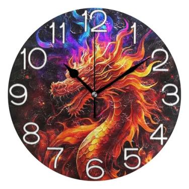 Imagem de GAIGEO Relógio de parede analógico decorativo relógio de cozinha rústico redondo sem tique-taque silencioso, decoração de parede de casa de fazenda moderna, arte vibrante dragão de fogo, arte legal
