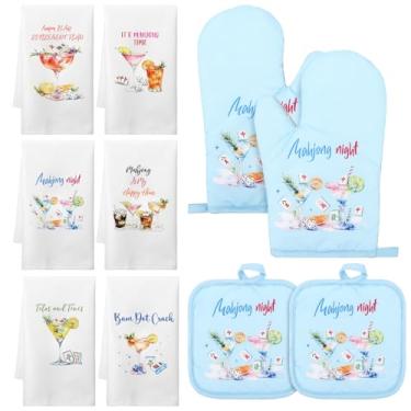 Imagem de Tegeme Conjunto de 10 peças de acessórios de decoração de cozinha Mahjong para coquetéis, toalhas de coquetel, conjunto de luvas de forno, 6 panos de prato, 2 pegadores de panela, 2 luvas de cozinha