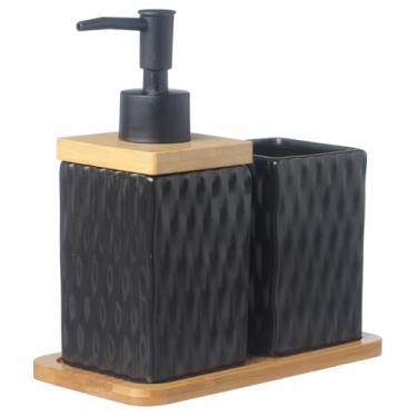 Imagem de Kit Lavabo Banheiro Bambu Dispenser Líquido Porta Escova Bandeja / 350 (Preto)