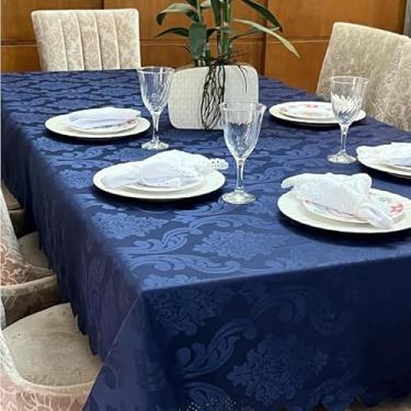 Imagem de Toalha de Mesa Jacquard Luxo Bordada Retangular para Mesa de 6 8 12 e 14 Lugares – Decoração de Mesa Elegante (AZUL MARINHO,8 LUGARES)