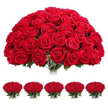 Imagem de Pesonlook 50 peças de rosas artificiais de rosa vermelha, rosa vermelha de seda de veludo falso, rosas artificiais realistas com hastes flores falsas para centros de mesa de casamento, buquê, chá de