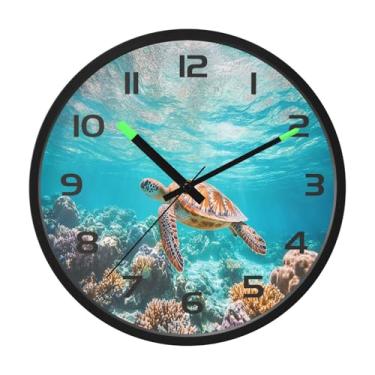 Imagem de CEBUGI Relógio de parede com luz noturna de 30,5 cm que brilha no escuro com sensor de voz, tartaruga marinha, natação, relógio de parede operado por bateria para decoração de quarto e sala de estar