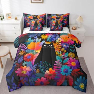 Imagem de Erosebridal Jogo de cama de gato preto fofo em uma bolsa, 7 peças, chique, floral, animais, boêmio, folhas botânicas, flores, vida selvagem, Queen, conjunto de lençol com edredom
