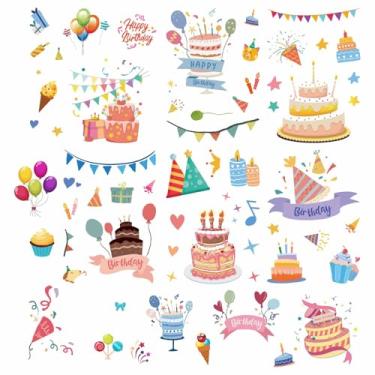 Imagem de CRASPIRE Adesivos de parede de aniversário de 8 folhas, decalques de janela, faixa de balão de bolo de feliz aniversário, vinil à prova d'água, vinil autoadesivo, adesivos de translúcido, descasque e