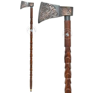 Imagem de Aasiya Nautical Bengala de alumínio projetada Warrior's Edge - Bengala de madeira marrom com design esculpido intrincado, cabo de machado